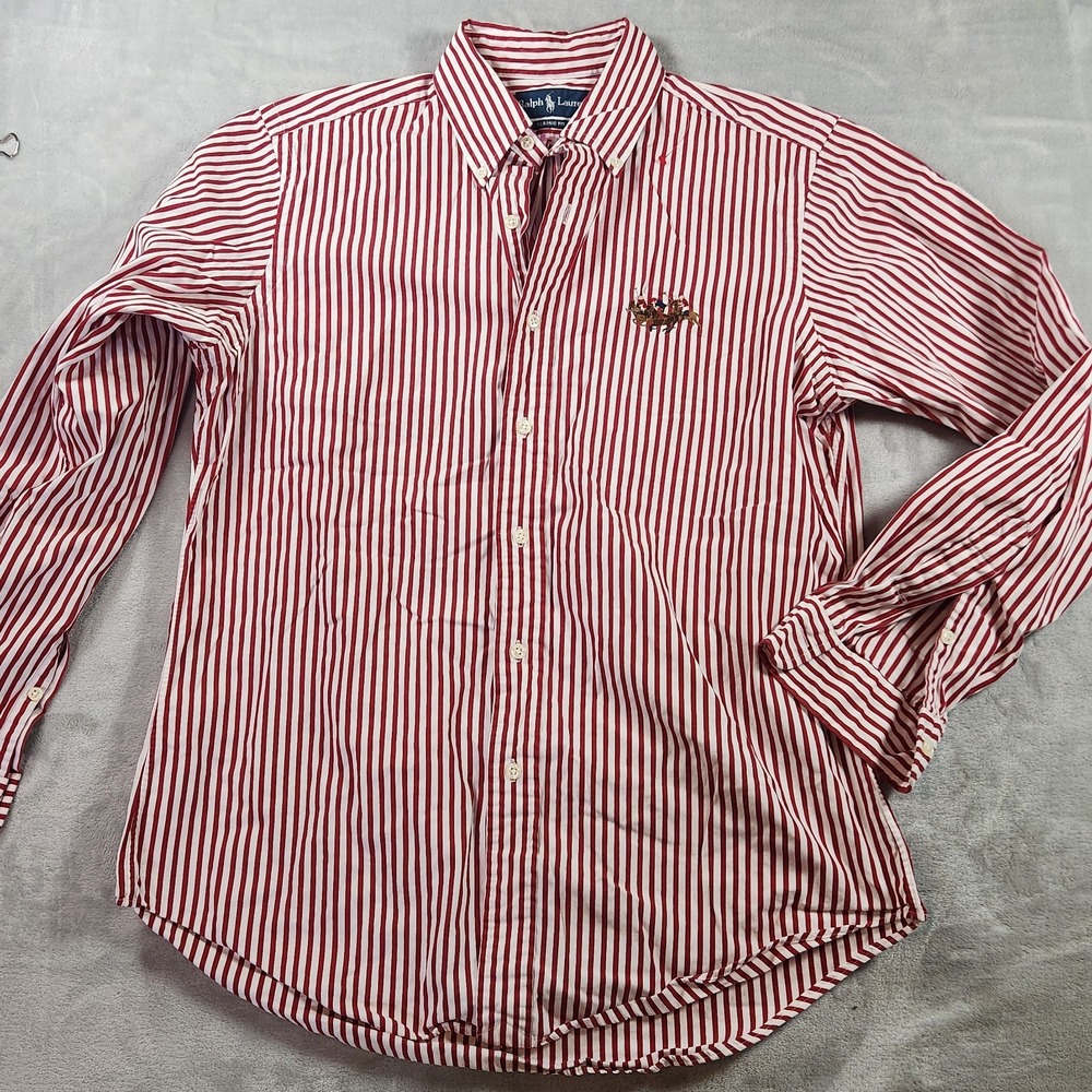 RALPH LAUREN Shirt Men M Classic Fit‎ Red Striped Triple Pony Logo Button Down